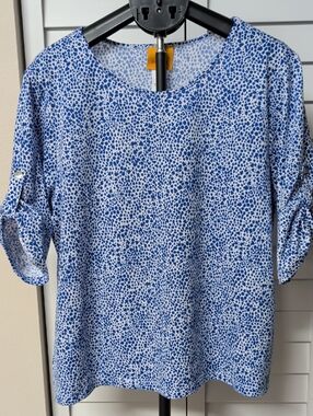 Ruby Rd. Blue White Dotted Roll-Tab Sleeve Blouse